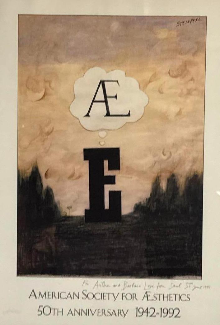 SAUL STEINBERG SIGNED AND DEDICATED LITHOGRAPH FOR AMERICAN SOCIETY FOR AESTHETICS: A signed lithograph Dedicated to Arthur Danto and his wife Barbara Westman Dimensions: 20" X 16" Artist: Saul Streinberg Provenance: A New York Collector Notes: Although care is taken to photograph