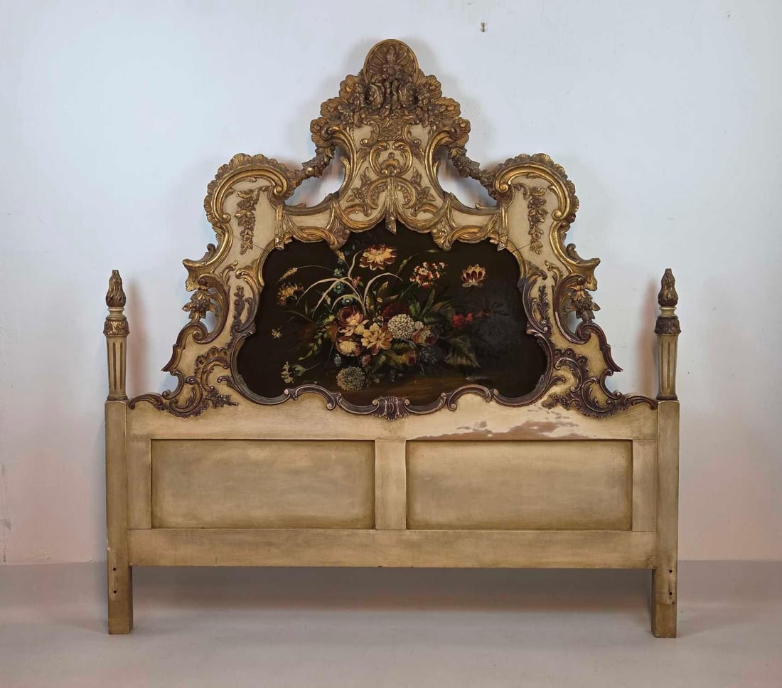 VINTAGE  PAINT AND GILT DECORATED CARVED WOOD HEADBOARD WITH HAND PAINTED FLORAL STILL LIFE INSET (1 of 11)