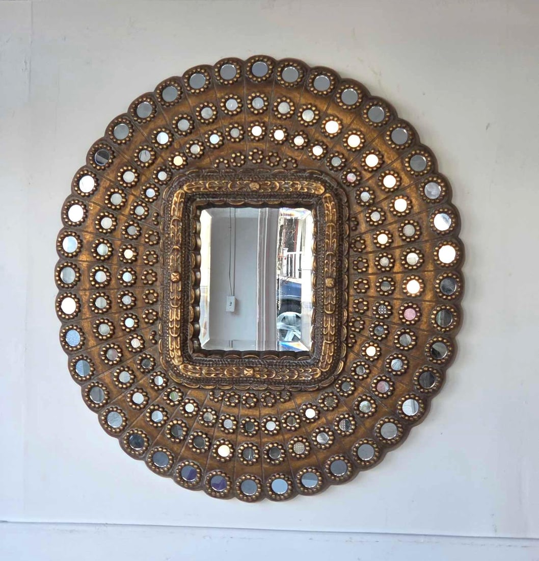 LARGE ROUND "PEACOCK" SUNBURST MIRRORED WALL DECOR (1 of 13)