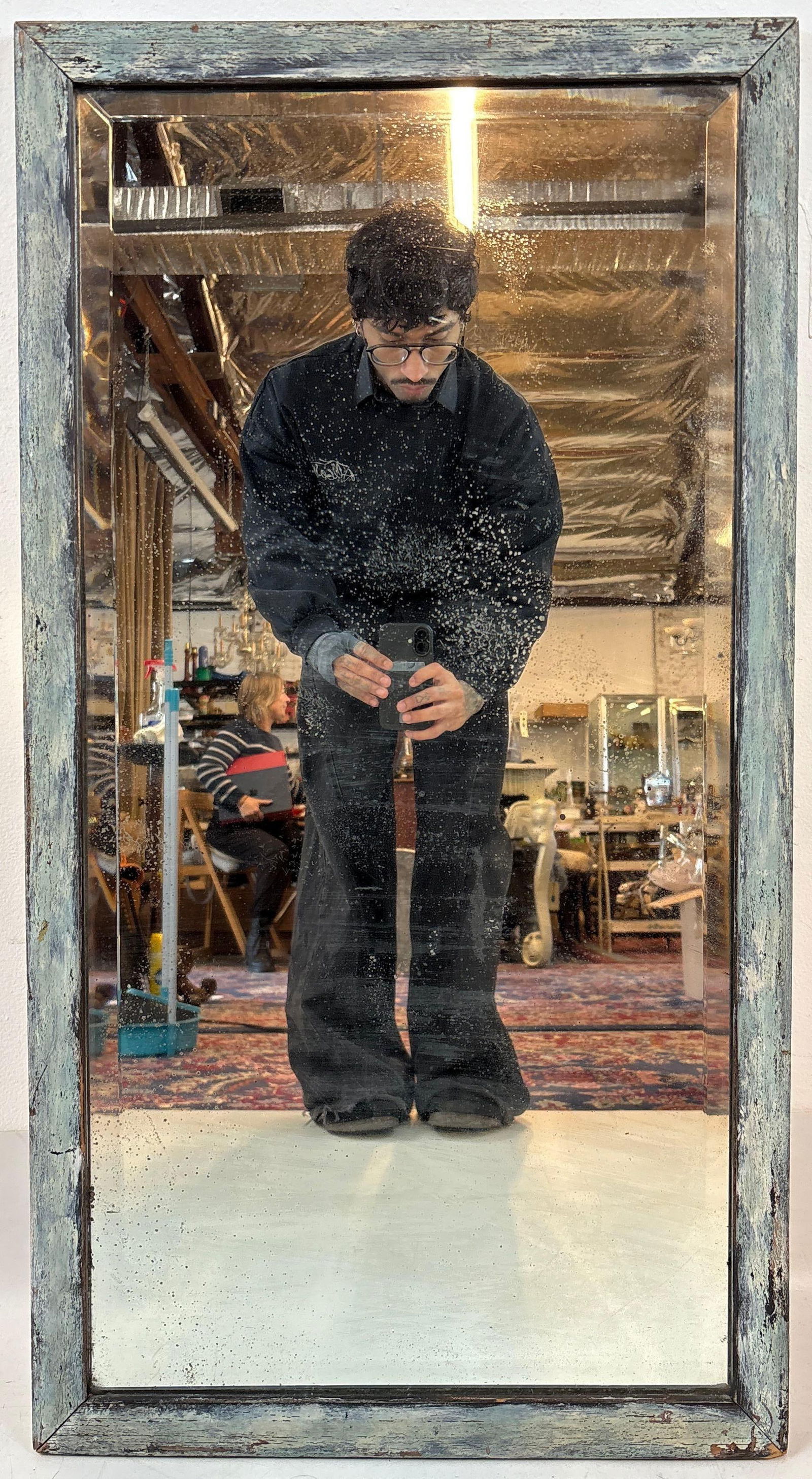 ANTIQUE RECTANGULAR BEVELED WALL MIRROR IN DISTRESSED WOOD FRAME (1 of 5)