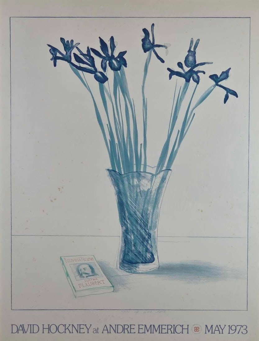 ORIGINAL DAVID HOCKNEY ANDRE EMMERICH GALLERY EXHIBITION POSTER 1973: Vintage color lithograph exhibition poster of blue irises in a glass vase alongside a Gustave Flaubert book Approximate Dimensions:32" x 25" Artist or Maker: Unknown Provenance: From a New York Collec