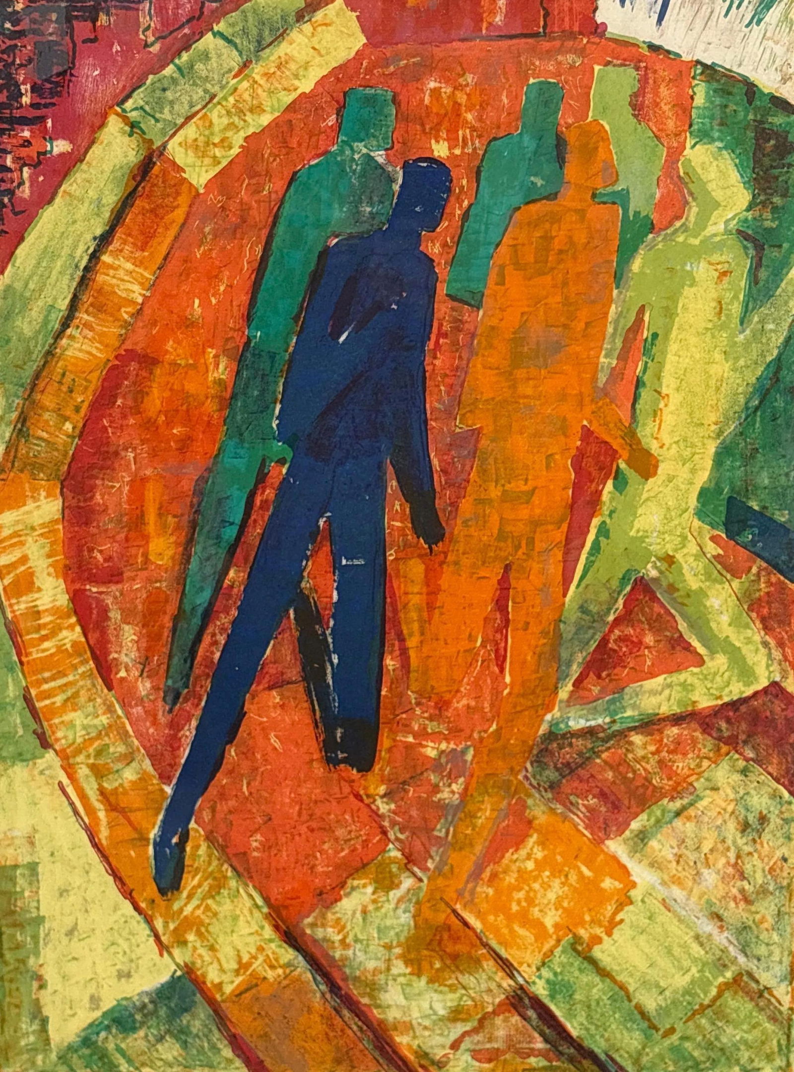 WOLF REUTHER ABSTRACT LITHOGRAPH, SIGNED 1969 15/150: A signed abstract lithograph of stylized figures in a vibrant color hue. Numbered 15/150. Overall Approximate Dimensions: 33"L x 26"W Art Approximate Dimensions: 28"L x 20"W Artist: Wolf Reuther Pr