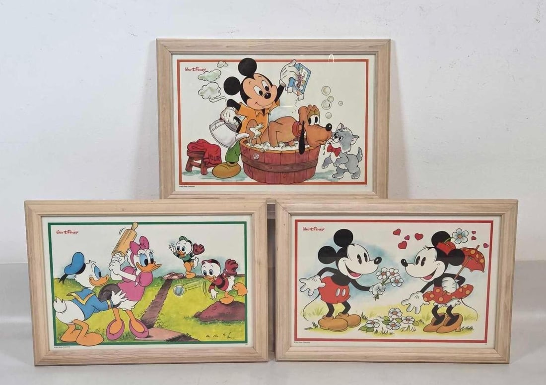 TRIO OF VINTAGE DISNEY CHARACTER COLOR LITHOGRAPH PRINTS: Set of three framed vintage color prints depicting Mickey Mouse bathing Pluto, Mickey and Minnie Mouse, and Donald and Daisy Duck Approximate Dimensions:14" x 19" overall Artist or Maker: Unk