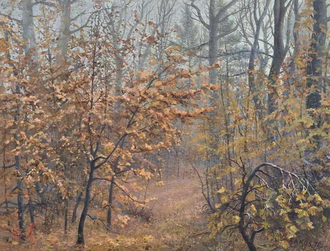 RAKOS SIGNED OIL ON CANVAS AUTUMN LANDSCAPE '70: Vintage mid-century oil on canvas painting depicting a seasonal autumn landscape with a warm tonalist palette, signed "Rakos" and dated 1970 Approximate Dimensions: 32.5" x 39" overall; 24" x 31" ima