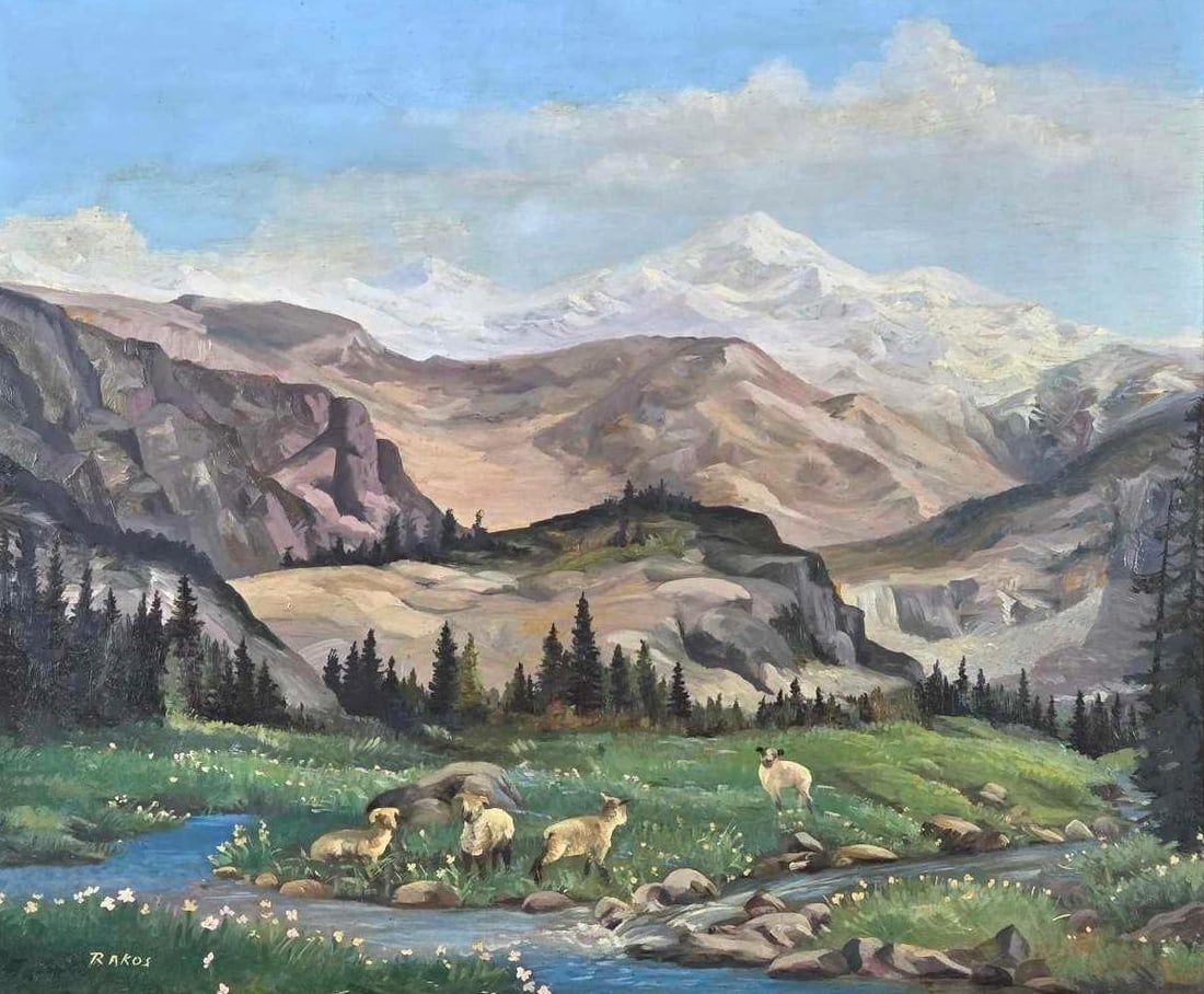 RAKOS SIGNED MOUNTAIN LANDSCAPE WITH SHEEP OIL ON PANEL (1 of 12)