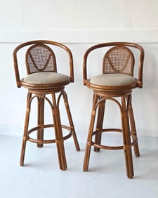 VINTAGE PAIR OF BENT RATTAN CANED BACK SWIVEL BAR STOOLS