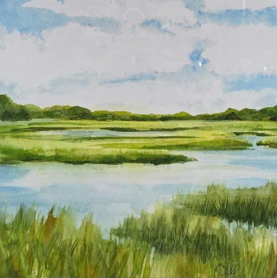 SIGNED WATERCOLOR MARSH LANDSCAPE IN GILT WOOD FRAME: Large-scale framed original watercolor. Approximate Dimensions: 31" x 25" overall, 15" x 15" image Artist or Maker: Unknown Provenance: From a New York
