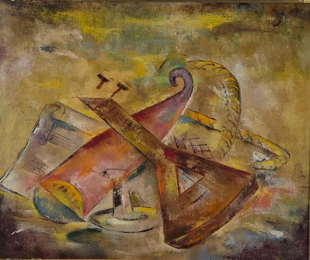 VINTAGE IMPRESSIONIST MUSICAL STILL LIFE OIL PAINTING: A vibrant mid-century impressionist oil on canvas still life featuring an arrangement of musical instruments, including a balalaika, a brass horn, and sheet music. Approximate Dimensions: 19.5" x