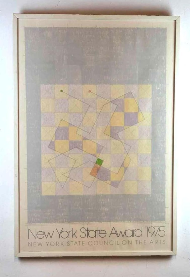 VINTAGE JACK TWORKOV NEW YORK STATE AWARD EXHIBITION POSTER 1975: Vintage offset lithograph exhibition poster for the New York State Council on the Arts featuring a geometric grid and line composition in muted pastel tones Approximate Dimensions: 41" X 27.75