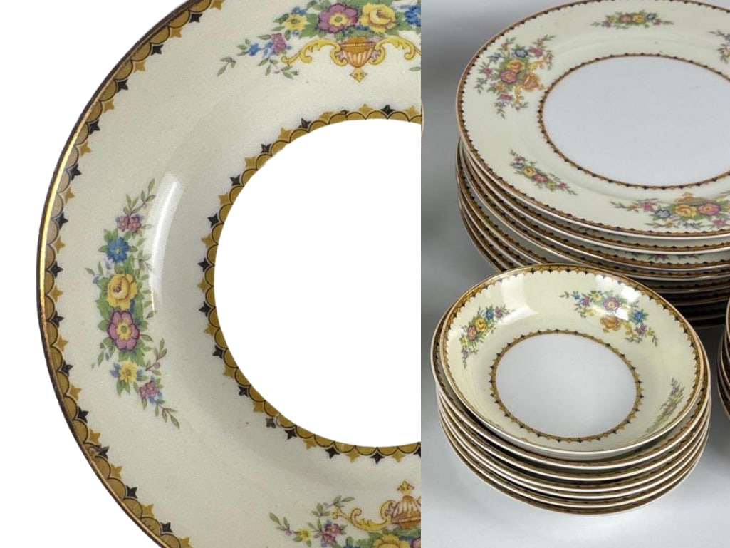VINTAGE METROPOLITAN POTTERY COMPANY CHINA MADE IN JAPAN PORCELAIN DINNERWARE SET: A thirty-five piece porcelain dinnerware set from Mepoco Ware (Metropolitan Pottery Company), dating back to the 1920s–1930s including dinner plates, bowls, cups, and serving pieces with hand painte