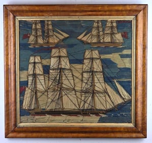ANTIQUE BRITISH WOOLWORK "WOOLIE" THREE RED ENSIGN SHIPS 1865 (20)