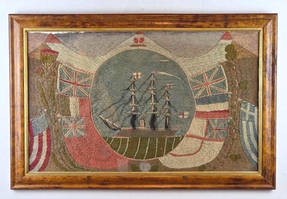 ANTIQUE BRITISH WOOLWORK "WOOLIE" 3 MASTED ROYAL NAVY VESSEL, WHITE ENSIGN, ST. GEORGE'S FLAGS