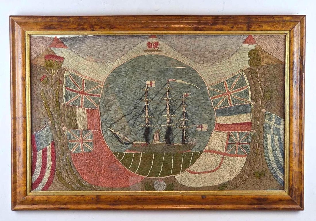 ANTIQUE BRITISH WOOLWORK "WOOLIE" 3 MASTED ROYAL NAVY VESSEL, WHITE ENSIGN, ST. GEORGE'S FLAGS (1 of 12)