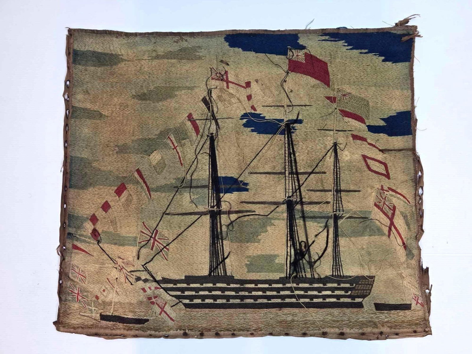 ANTIQUE BRITISH WOOLWORK "WOOLIE" THREE MASTED FULLY DRESSED ROYAL NAVY VESSEL, TWO SMALLER VESSELS (1 of 9)