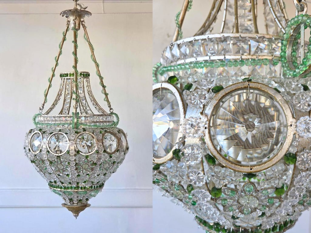 MAGNIFICENT VINTAGE SILVER GILT METAL BEADED AND CRYSTAL CHANDELIER: A vintage silver gilt metal basket or "hot air balloon" form chandelier with extensive green and clear faceted crystal beading, large circular glass medallions, and floral beaded swags. Approximate D