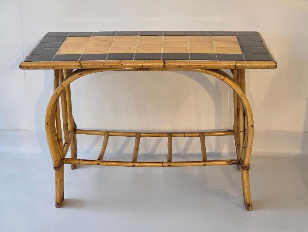 VINTAGE BAMBOO AND RATTAN AND TILE TOP RECTANGULAR CONSOLE TABLE (1 of 17)
