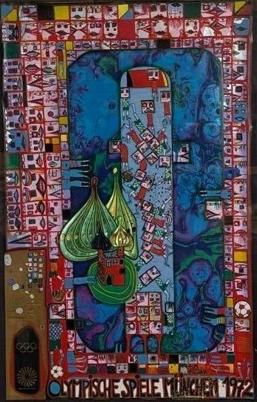 FRIEDENSREICH HUNDERTWASSER (1928–2000) 1972 MUNICH OLYMPIC SILKSCREEN/ SERIGRAPH NUMBERED: *This is a framed, numbered limited edition Friedensreich Hundertwasser silkscreen print, created for the 1972 Munich Olympic Games, entitled "Olympische Spiele Munchen 1972" featuring a vibra