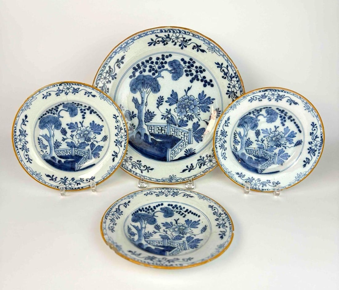 RARE 17TH C. DUTCH DELFT BLUE & WHITE PLATES AND CHARGER SET (1 of 13)