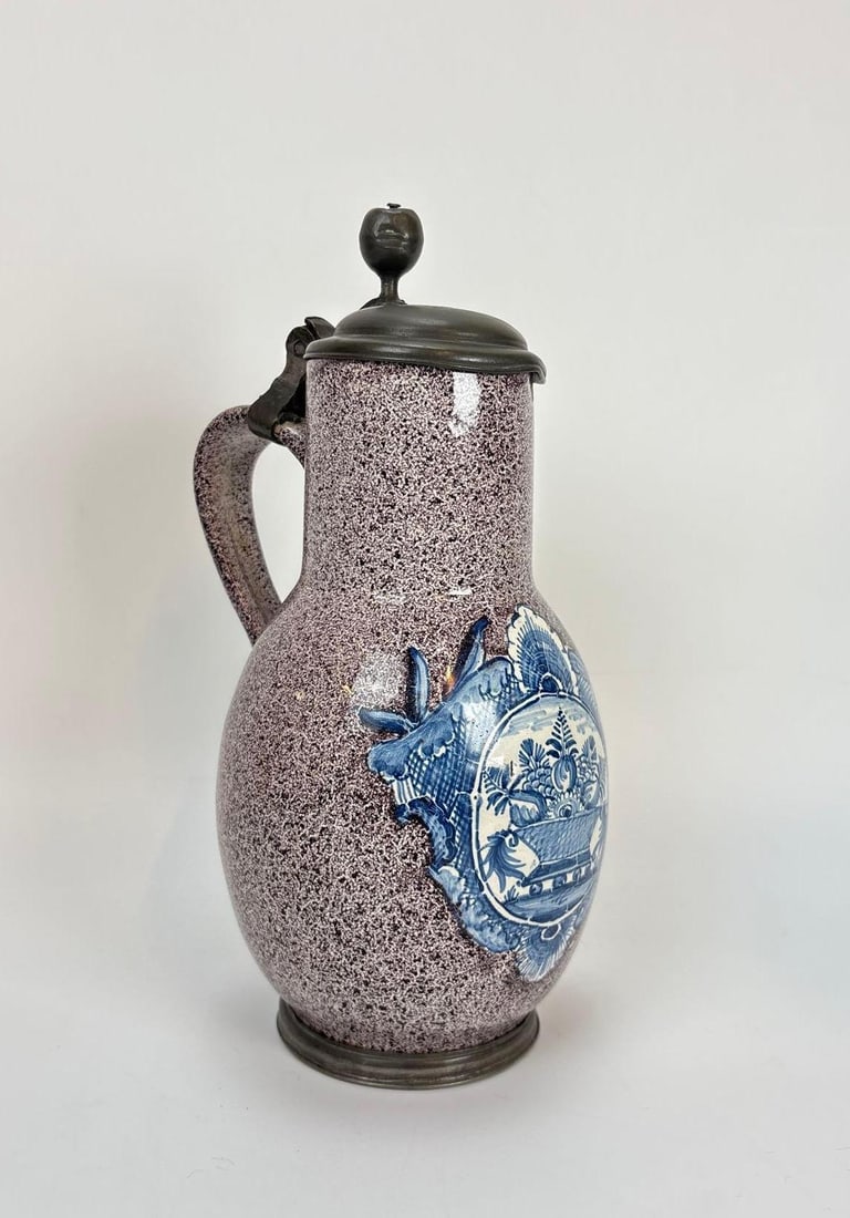RARE 18TH CENTURY WINCANTON DELFTWARE MULBERRY SPATTERWARE FLAGON (1 of 10)