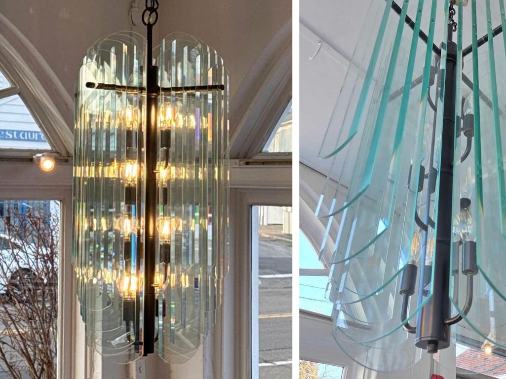 FORECAST LIGHTING MODERNIST TIERED BEVELED GLASS EIGHT-LIGHT CHANDELIER 38" (1 of 19)