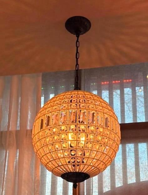 CRYSTAL AND MICROBEAD EMBELLISHED THREE LITE SPHERE PENDANT CHANDELIER (4 of 4): An orb hanging light fixture with a metal grid frame intertwined with delicate microbeads and faceted crystal accents. Approximate Dimensions: 16.5"DIA Maker: Unknown Provenance: From a New York Co