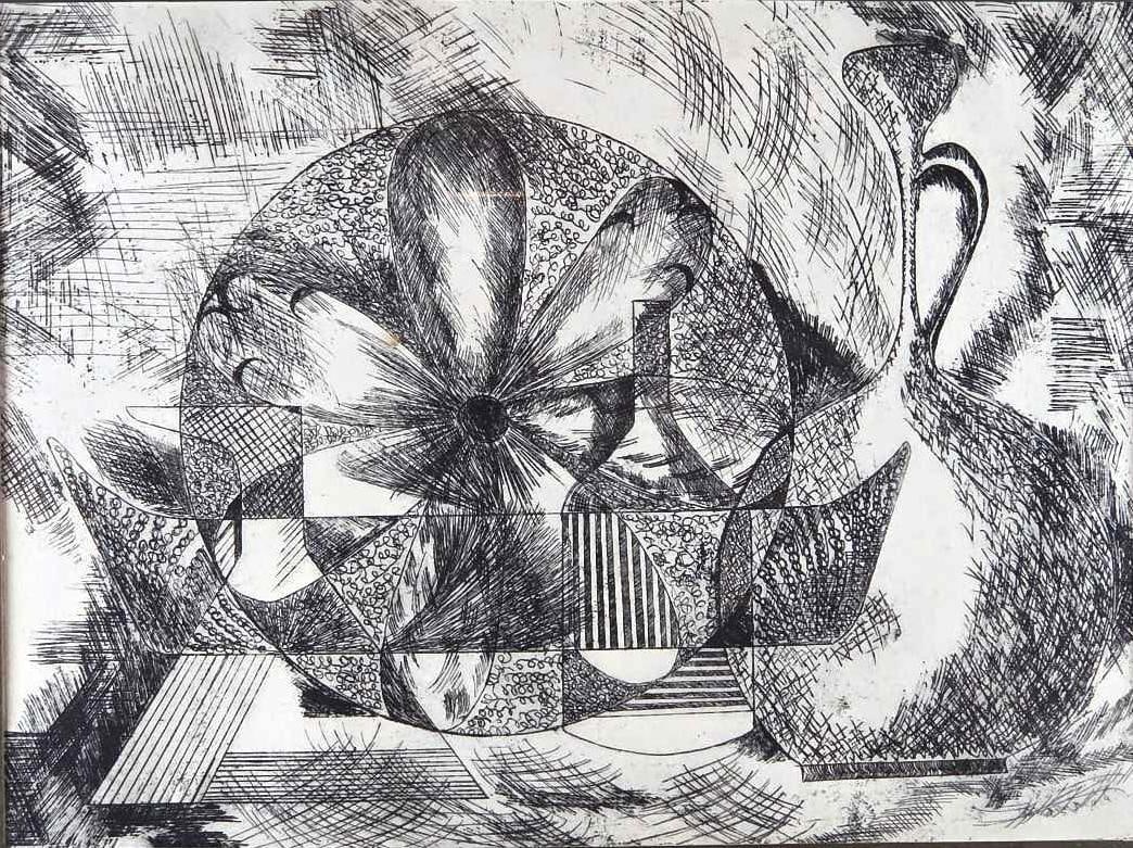 MID CENTURY PEN AND INK CUBIST STILL LIFE WITH VASE IN THE MANNER OF ALFRED RETH: Original mid-century cubist pen and ink drawing on paper depicting a stylized still life with vase and geometric forms in the manner of Alfred Reth. Overall Approximate Dimensions: 19" x 25" Art Appr