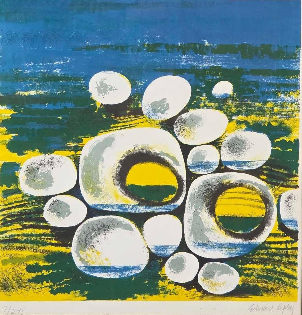 EDWARD RIPLEY PENCIL SIGNED AND NUMBERED MID CENTURY ABSTRACT LITHOGRAPH: An abstract, hand-signed and numbered modernist lithograph. Overall Approximate Dimensions: 21" x 21" Art Approximate Dimensions: 15.75" x 15" Artist: Edward Ripley Provenance: From