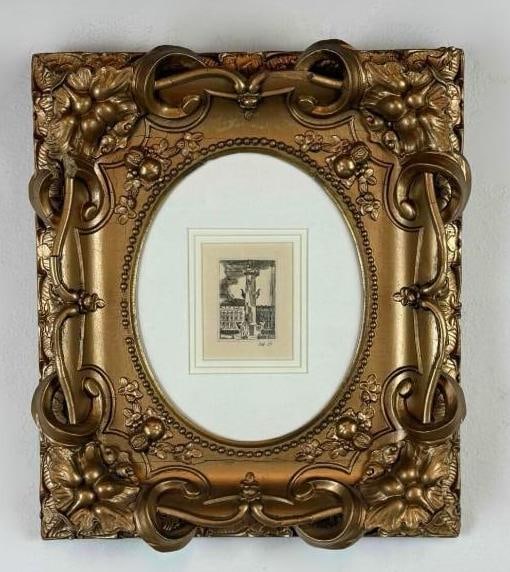 ST. PETERSBURG ROSTRAL COLUMN PENCIL SIGNED ETCHING 1989: Contemporary fine line architectural etching depicting the historic Rostral Column in Saint Petersburg, Russia, signed in pencil by the artist and dated 1989. Approximate Dimensions: 16"h x 14