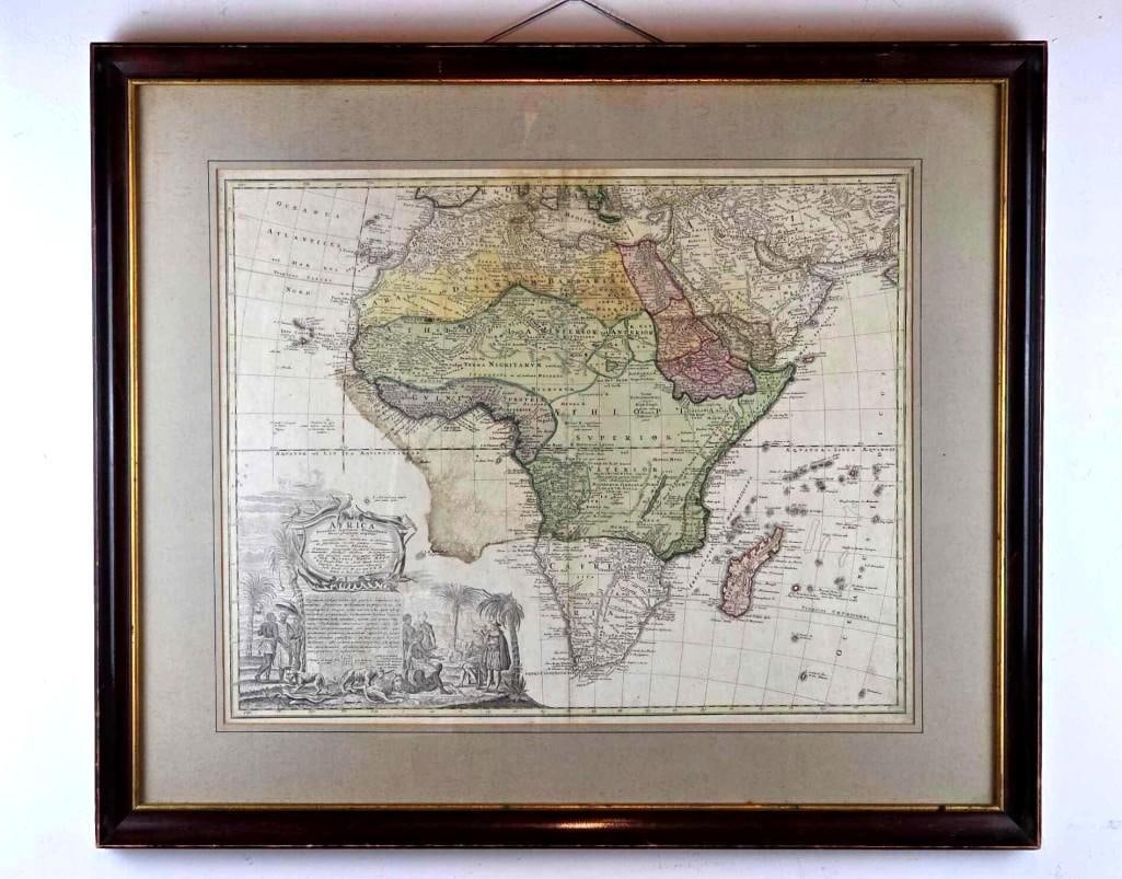 ANTIQUE 18TH CENTURY MAP OF AFRICAN CONTINENT BY JOHANN MATTHIAS HASE: "Africa Secundum Legitimas Projectionis Stereographicae Regulas et Juxta Recentissimas Relationes et Observationes..." Large scale hand colored copperplate engraving of the African continent