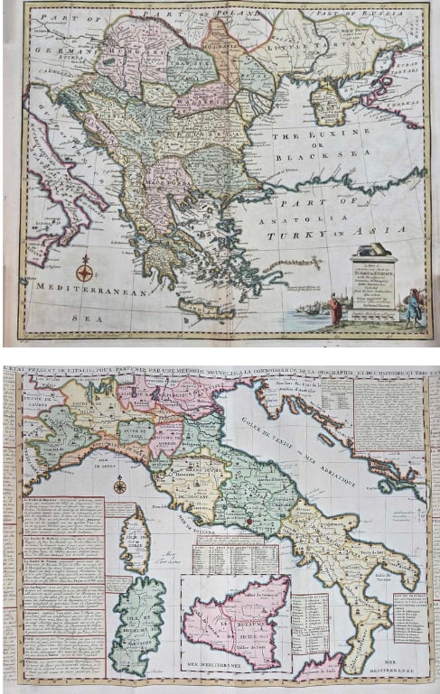 TWO ANTIQUE 18TH CENTURY HAND COLORED EUROPEAN MAPS OF ITALY AND TURKEY IN EUROPE: A pair of antique engraved maps including a large scale French map of Italy on Italy and surrounding regions with extensive marginal text titled "ETAT DE L'EGLISE, TIRE' DES MEILLEURES OBS