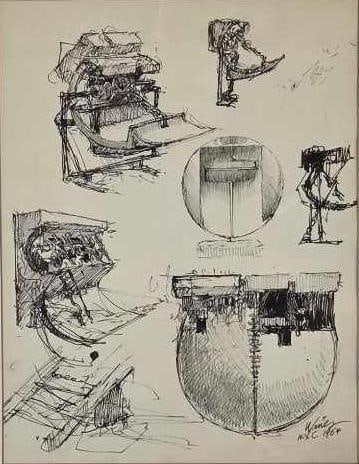 JAMES WINES ORIGINAL MODERNIST INK ON PAPER MECHANICAL SKETCH: An original modernist industrial study in pen and ink on paper signed and dated "Wines N.Y.C. 1964" by James Wines, an American artist, architect, and writer, as well as the founder/president