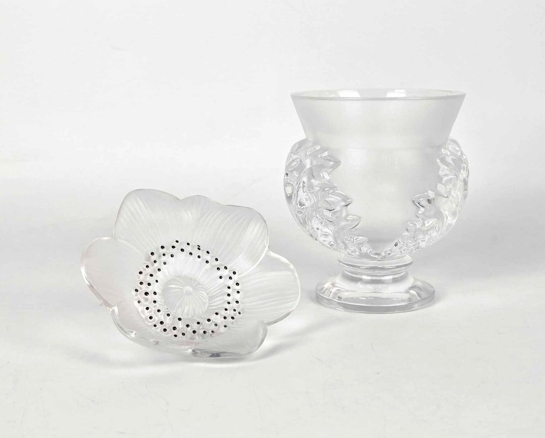 LALIQUE FRANCE CRYSTAL "ANEMONE" PAPERWEIGHT AND "ST. CLOUD" VASE (1 of 13)