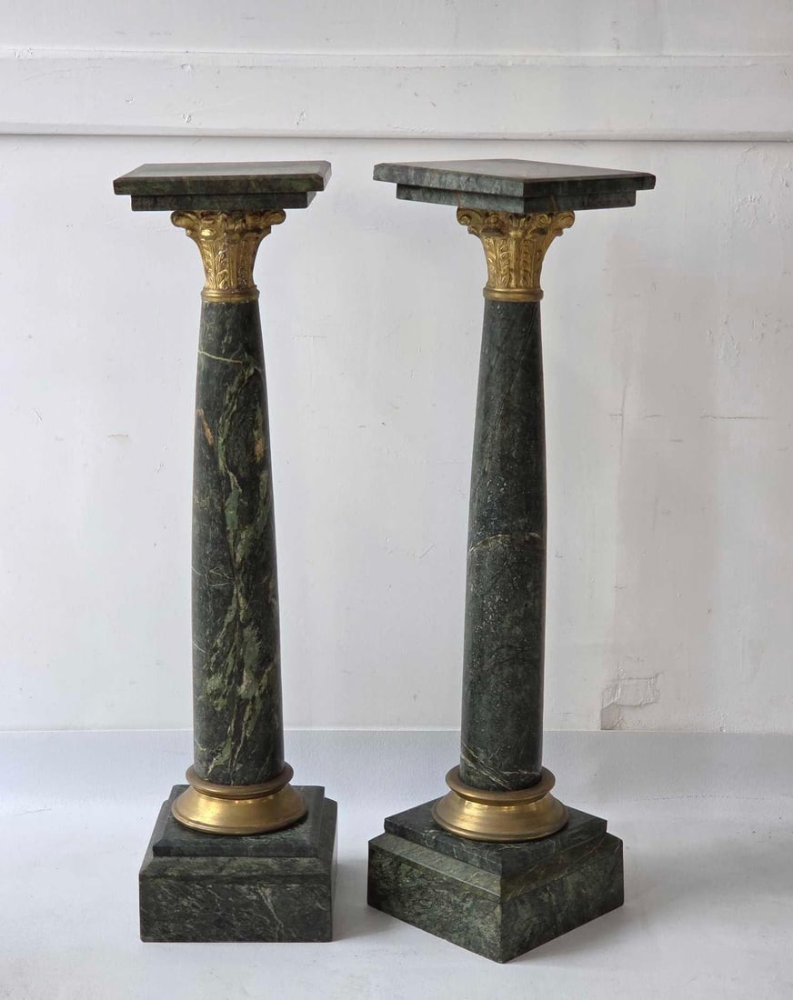 FINE PAIR OF ANTIQUE VERDEGRIS MARBLE BRONZE MOUNTED PEDESTALS COLUMNS (1 of 12)