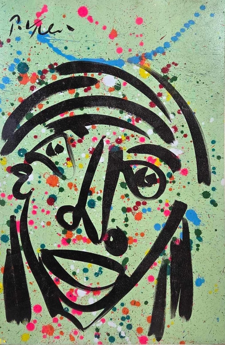PETER ROBERT KEIL LARGE ORIGINAL ABSTRACT PORTRAIT PAINTING 48" x 32" (2 of 7): Modernist face composition with bold black calligraphic lines and vibrant color blocks on board Approximate Dimensions: 48" x 32" Artist or Maker: Peter Robert Kiel Provenance: From a New York
