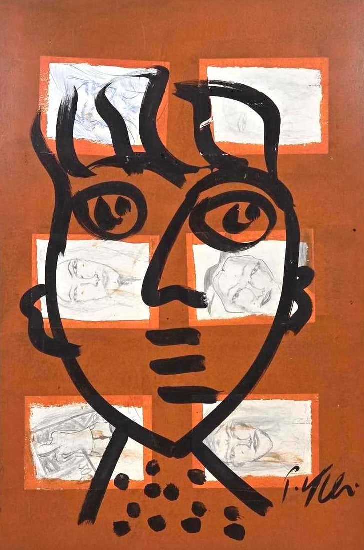 PETER ROBERT KEIL LARGE ORIGINAL ABSTRACT PORTRAIT PAINTING 48" x 32" (7 of 7): "Modernist face composition with bold black calligraphic lines and vibrant color blocks. Approximate Dimensions: 40" x 27" Artist or Maker: Peter Robert Kiel Provenance: From a New York Co