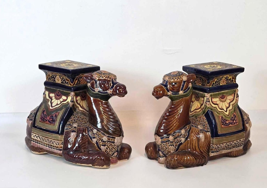 PAIR OF POLYCHROME GLAZED CAMEL GARDEN PLANT STANDS (1 of 16)