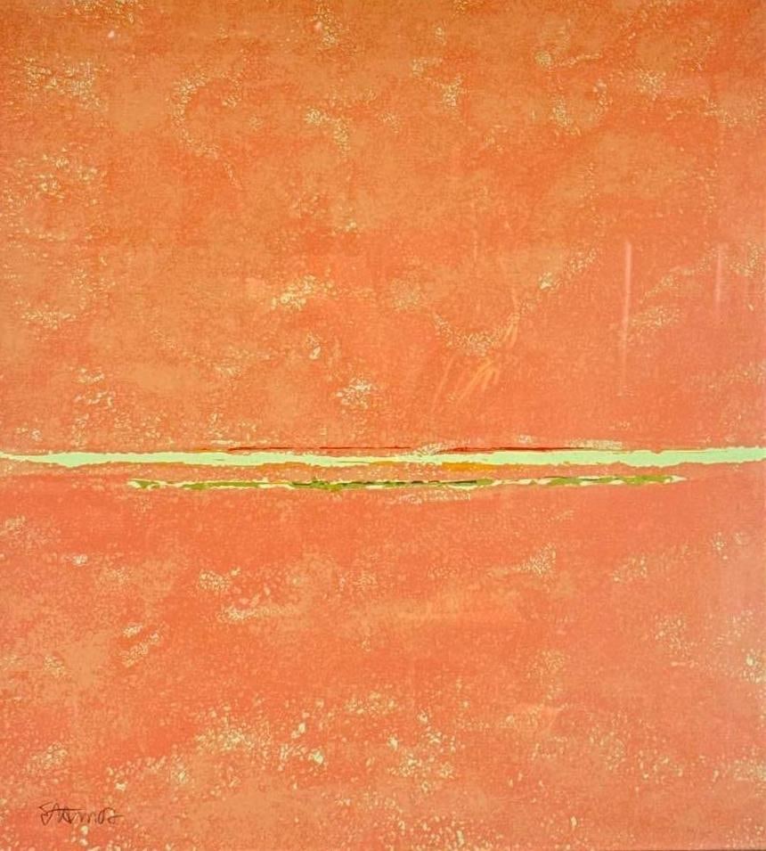 THEODOROS STAMOS SIGNED SCREENPRINT INFINITY FIELD LEFKADA SERIES: Abstract minimalist color field composition in coral and pale green tones from the Lefkada Series Approximate Dimensions: 25" X 23"; Frame 25" x 23" Artist or Maker: Theodoros Stamos