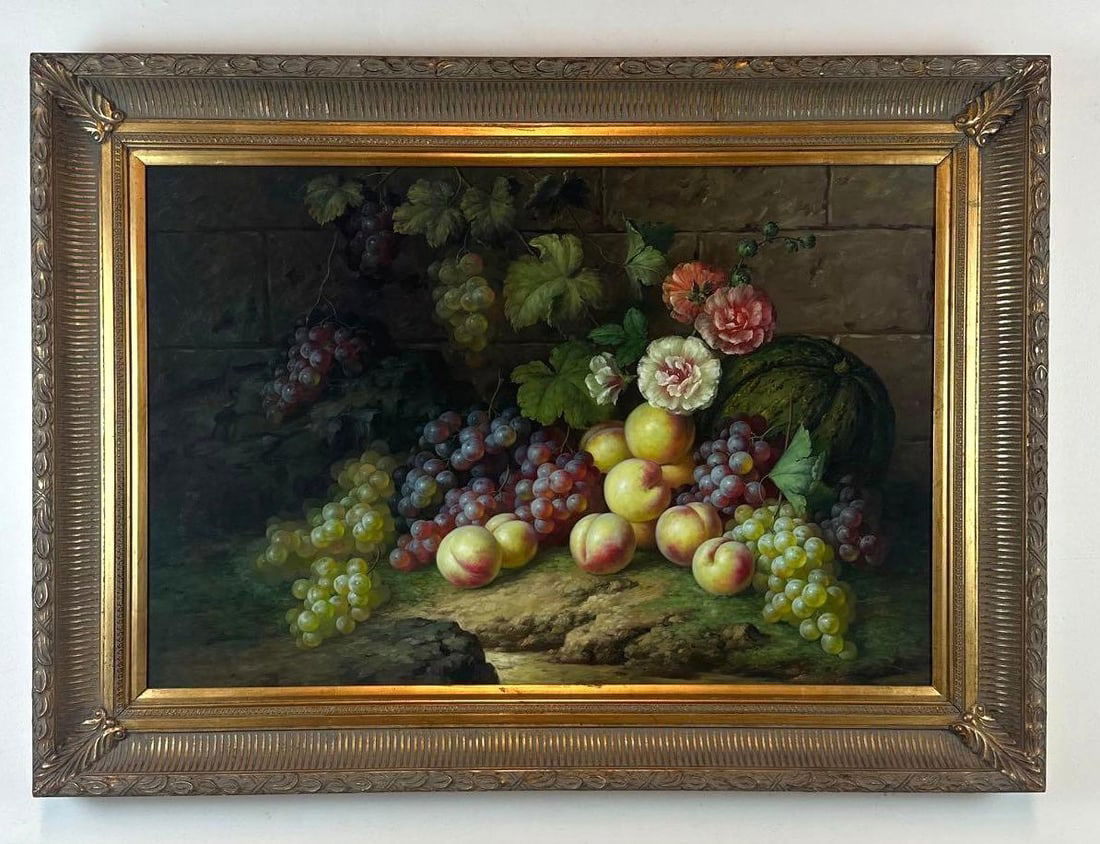 VINTAGE MID-CENTURY FLORAL STILL LIFE OIL ON CANVAS 33?? x 44: Classic tabletop arrangement with vibrant spring blossoms in a glass vase rendered with detailed brushwork Approximate Dimensions: 24” x36”; frame 33” x 44” Artist or Maker: U
