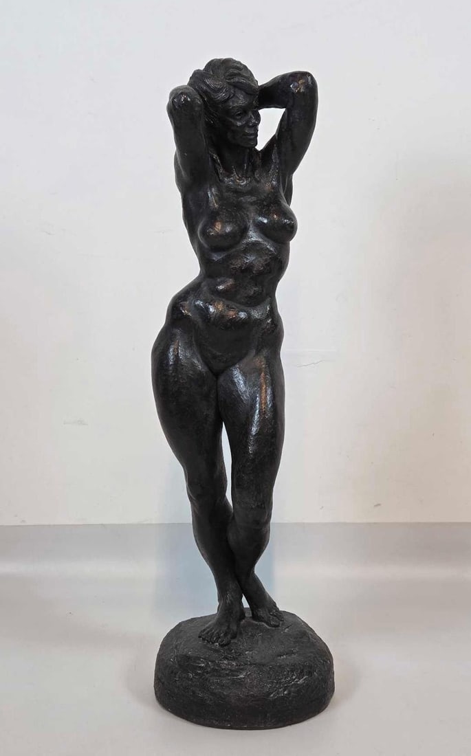 THOMAS HOLLAND BRONZE PATINATED 'SUMMER'S EVE' SCULPTURE 3 FEET TALL: *Large composite figurative statue depicting nude woman on a rounded integral base. Beautiful patinated and executed. Signed 1967 Approximate Dimensions: 36"h Artist or Maker: Thomas Holland Prov