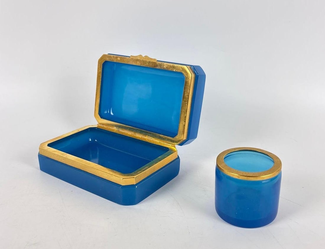 CONTINENTAL BLUE OPALINE GILT MOUNTED GLASS JEWELRY BOXES (1 of 7)