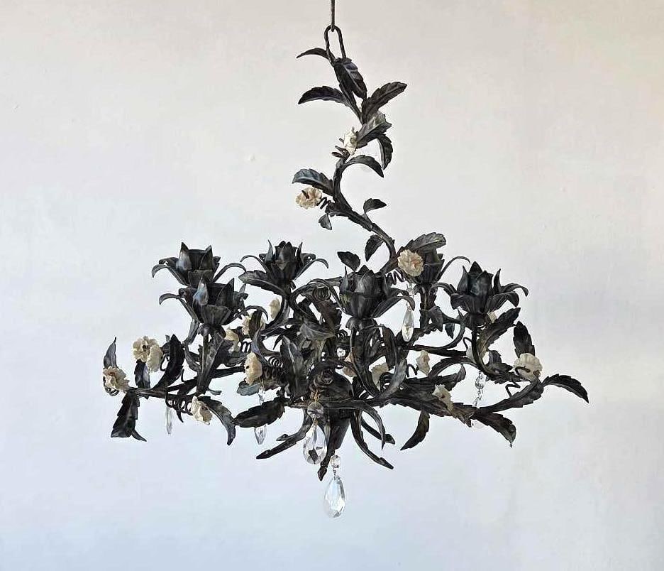 FRENCH STYLE TÔLE PEINTE CHANDELIER WITH PORCELAIN FLOWERS AND CRYSTALS (NOT ELECRIFIED) (1 of 9)
