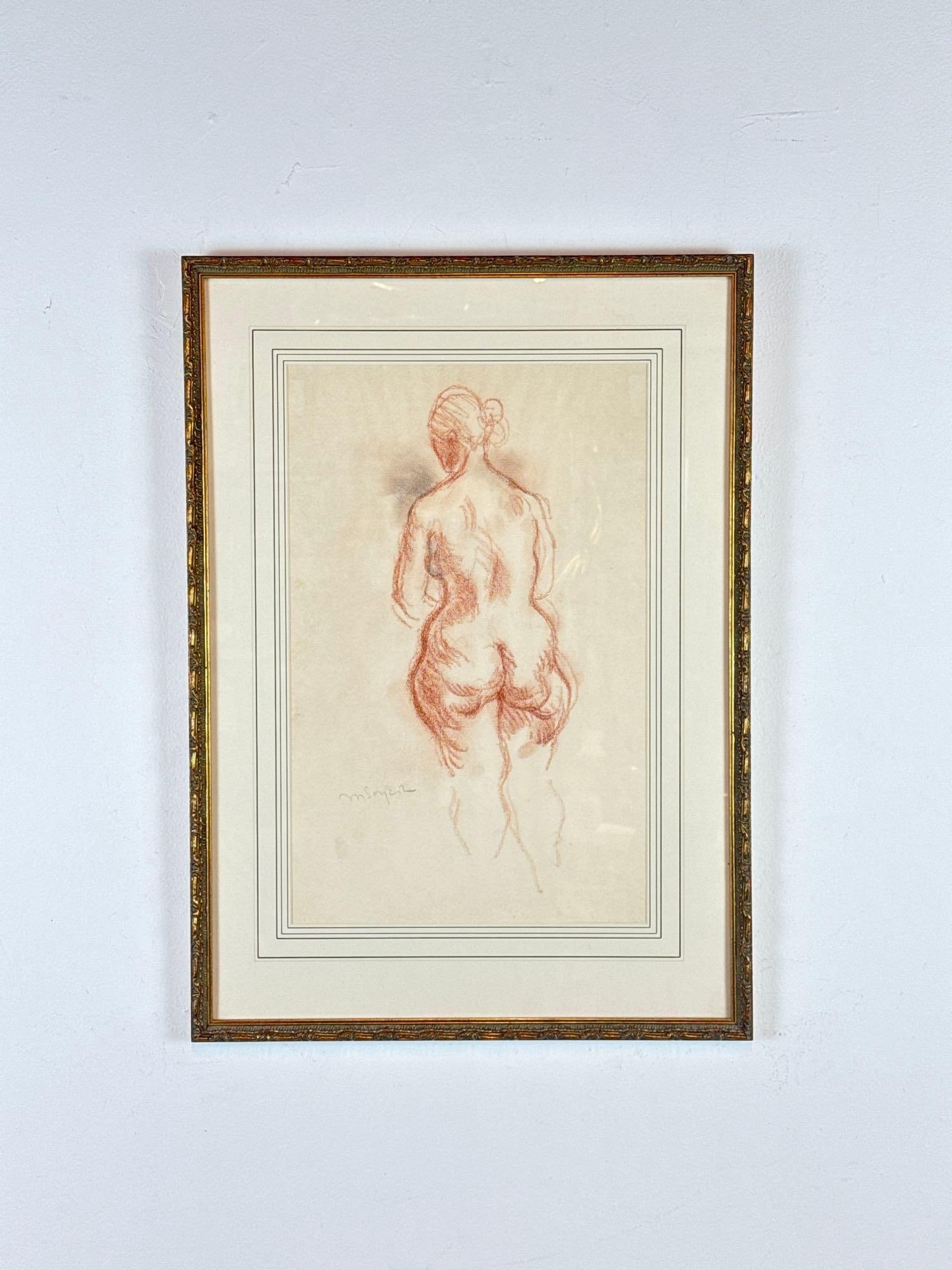 MOSES SOYER SANGUINE CHALK DRAWING FEMALE NUDE BACK VIEW: Expressionistic figurative study in red chalk on paper of a seated woman seen from behind Approximate Dimensions: 12" X 18"; Frame 18" x 25" Artist or Maker: Moses Soyer Provenance: