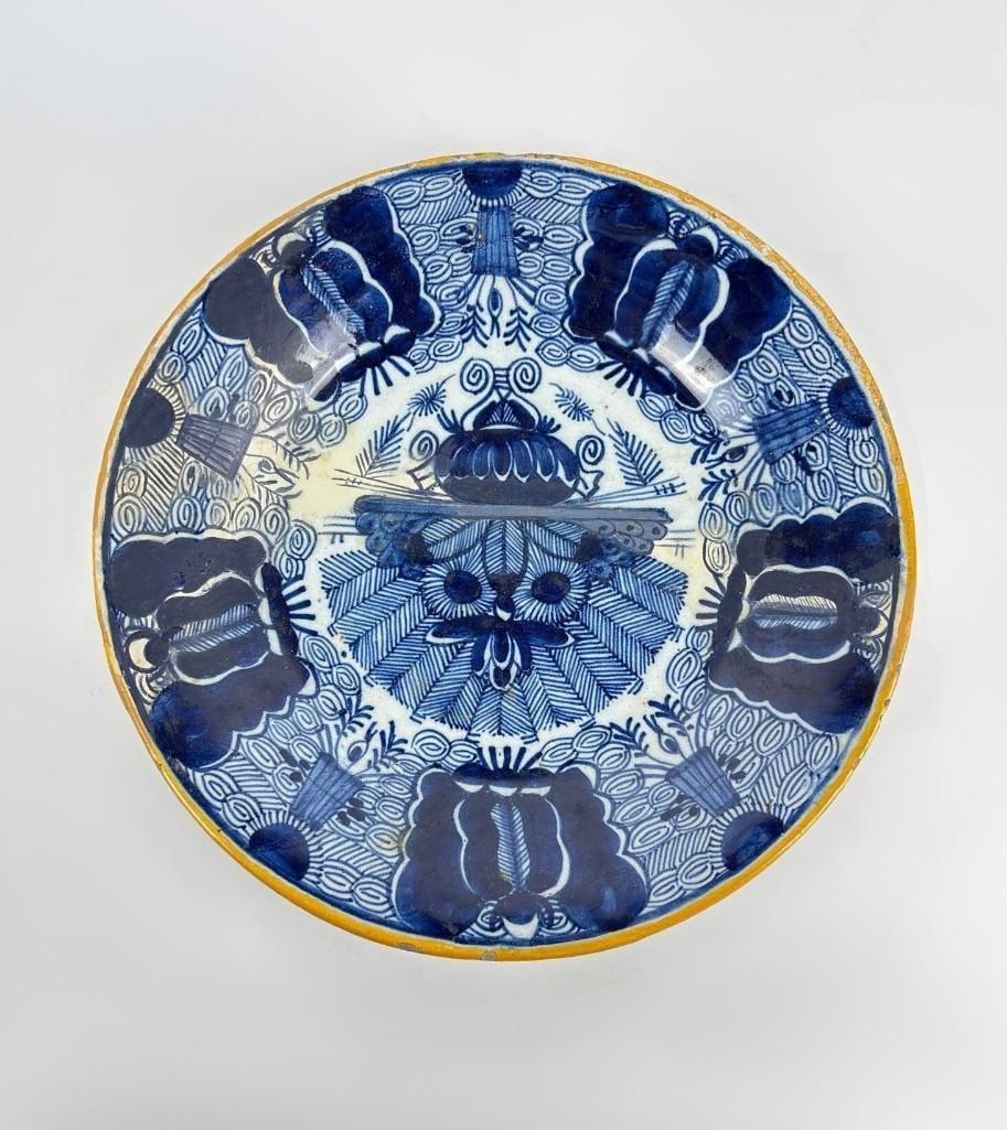 ANTIQUE DUTCH DELFT BLUE AND WHITE PEACOCK PLATE (1 of 4)