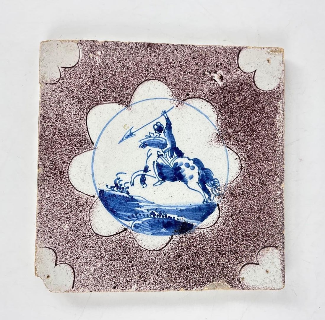 ANTIQUE DELFT TILE MAN ON HORSEBACK BROWN SPATTERWARE GROUND (1 of 4)
