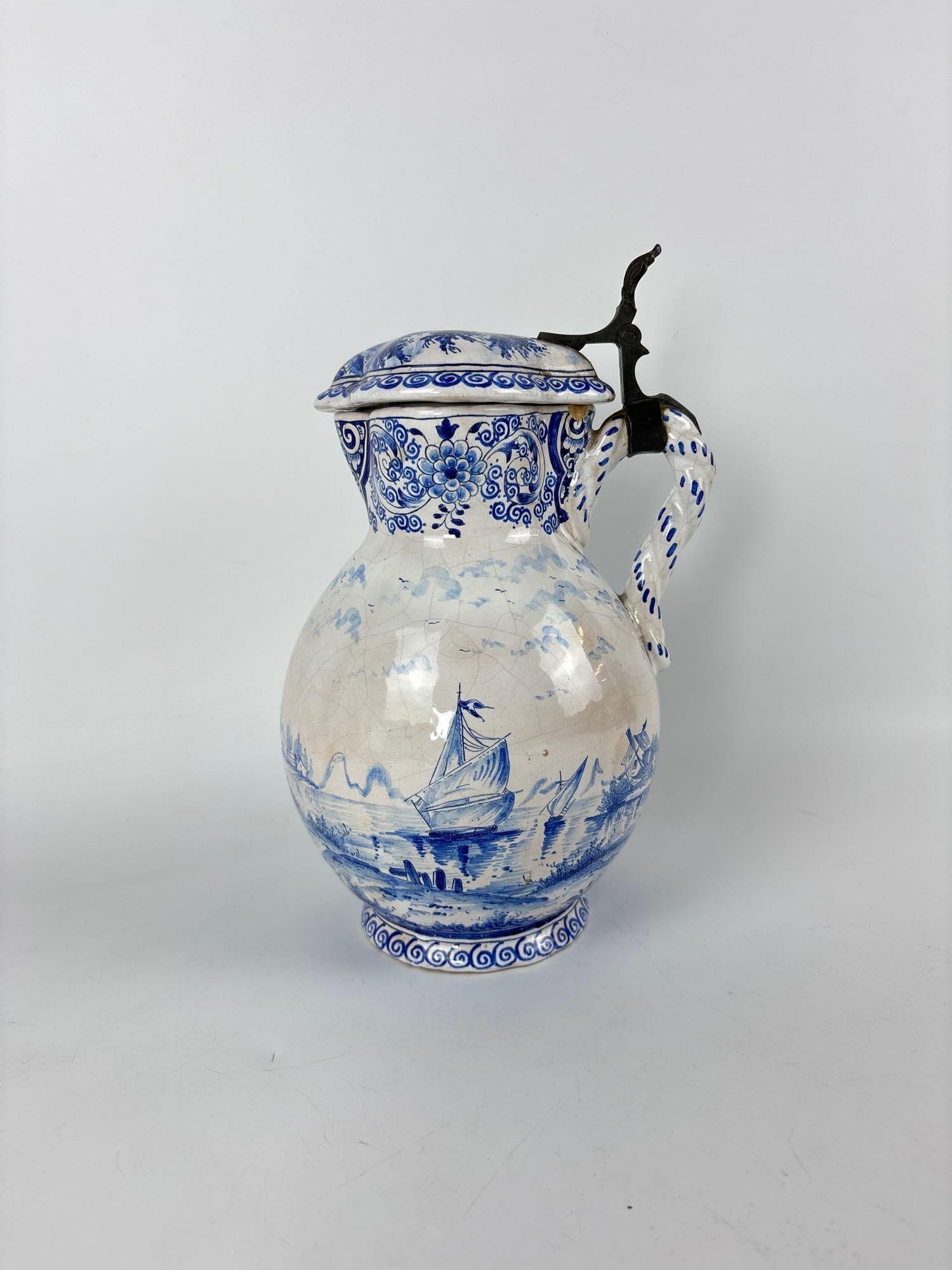 RARE 18TH CENTURY COVERED DELFT FLAGON WITH PEWTER MOUNTING (1 of 8)