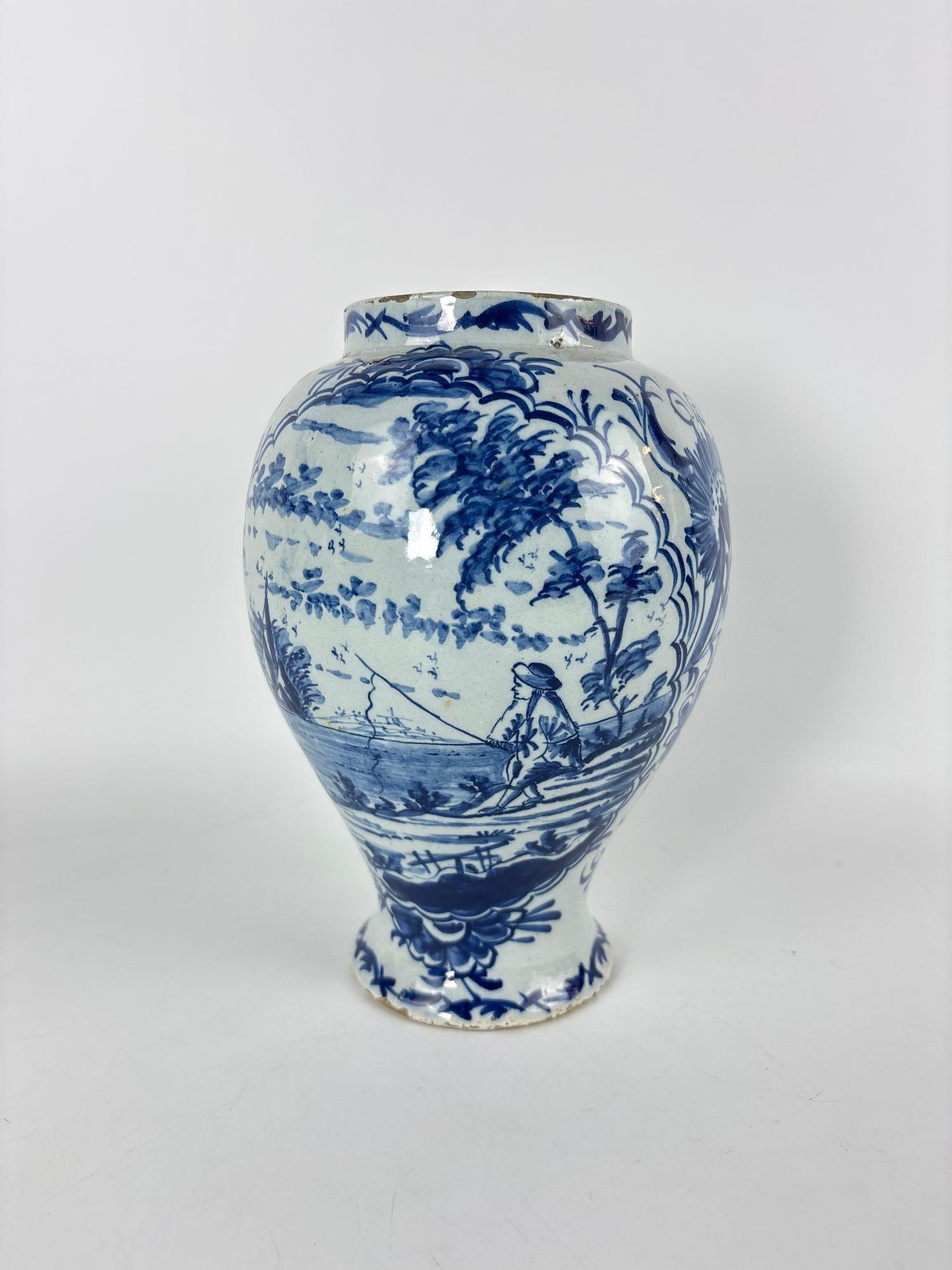 RARE 18TH CENTURY DELFT BLUE & WHITE GINGER JAR BOY FISHING (1 of 6)