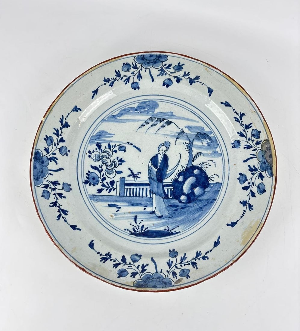 RARE 18TH CENTURY ENGLISH DELFT "LONG ELIZA" BLUE & WHITE CHARGER (1 of 4)