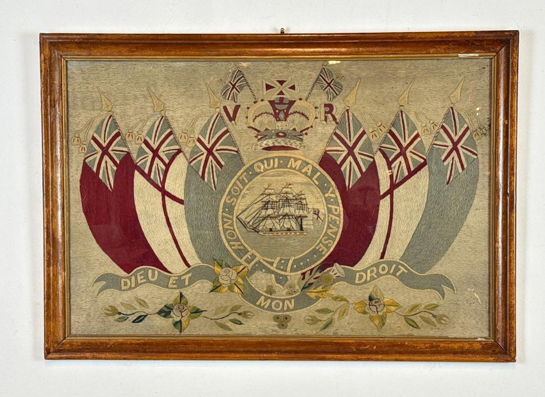 BRITISH ANTIQUE WOOLWORK VICTORIAN ROYAL NAVY SILK WOOLIE EMBROIDERY CIRCA 1880 (1 of 4)