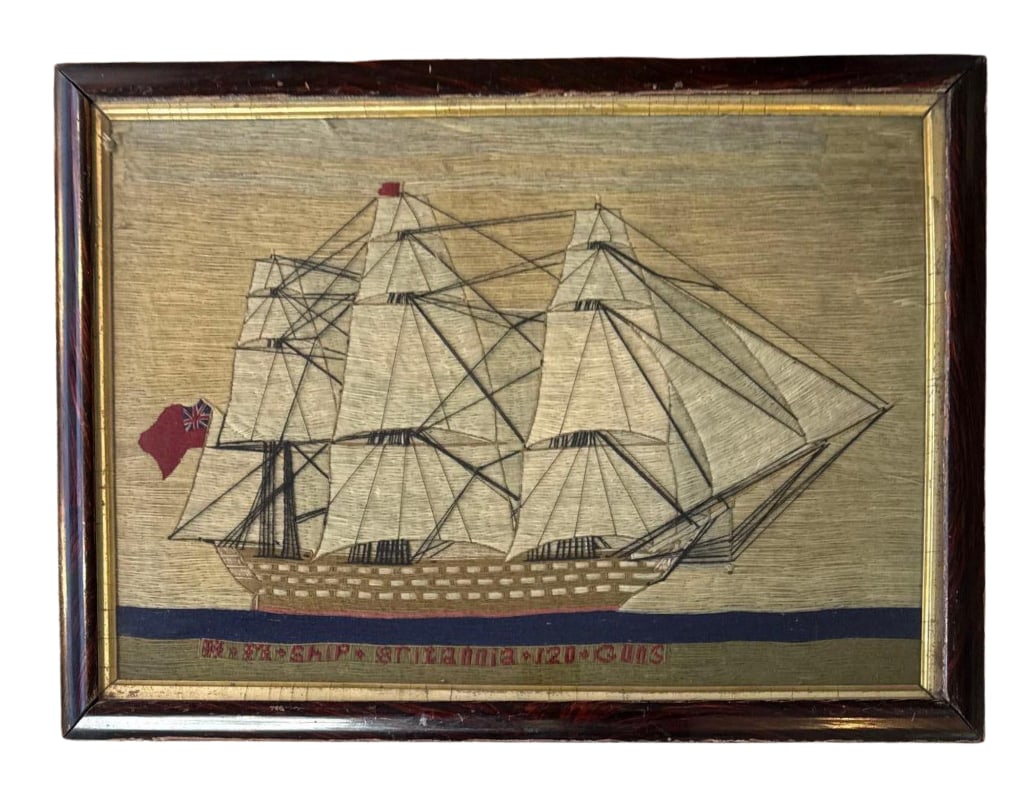 BRITISH ANTIQUE WOOLWORK HMS BRITANNIA 120 GUNS NAVAL WOOLIE SHIP PORTRAIT CIRCA 1880 (1 of 9)
