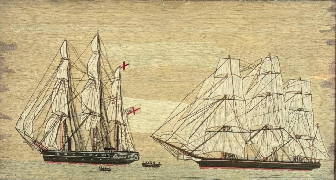 BRITISH ANTIQUE WOOLWORK ANTIQUE VICTORIAN BRITISH ROYAL NAVY MULTI-SHIP WOOLIE CIRCA 1875 (1 of 5)